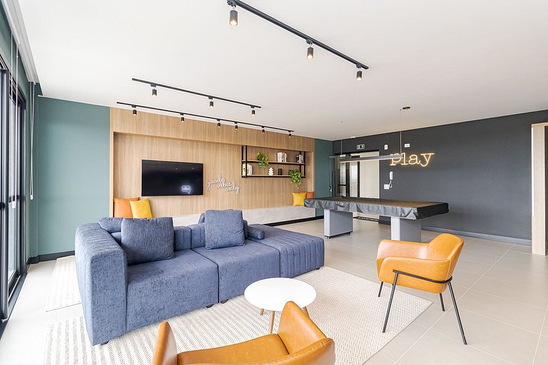Studio moderno com rooftop e vista incrível